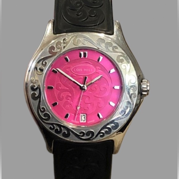 LOIS HILL Round Hot Pink Scroll Face Watch Filigree Rubber Band Sapphire Crystal - Picture 7 of 17
